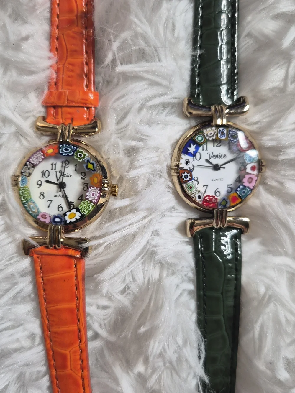Womens Venice Watch Bundle Duo Set Green Orange Band Gold Tone Art And Glass Art